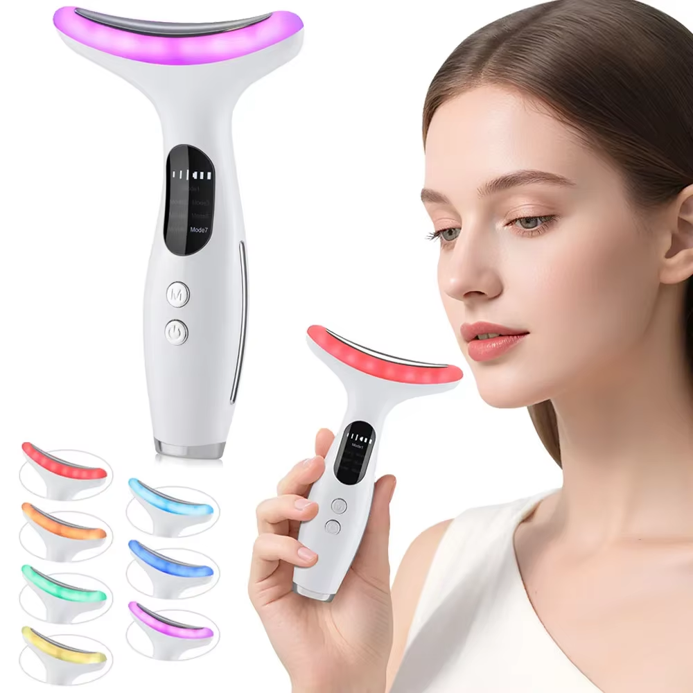 Neck Face Beauty Device 7 Color LED Lights Neck Beauty Vibration Massage Reduce Double Chin Anti-Wrinkle Facial Lifting Massager